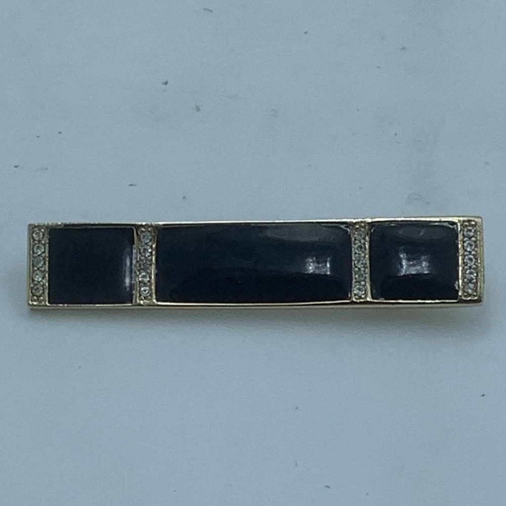 Black and Gold Enamel Bejeweled Bar Pin/Brooch